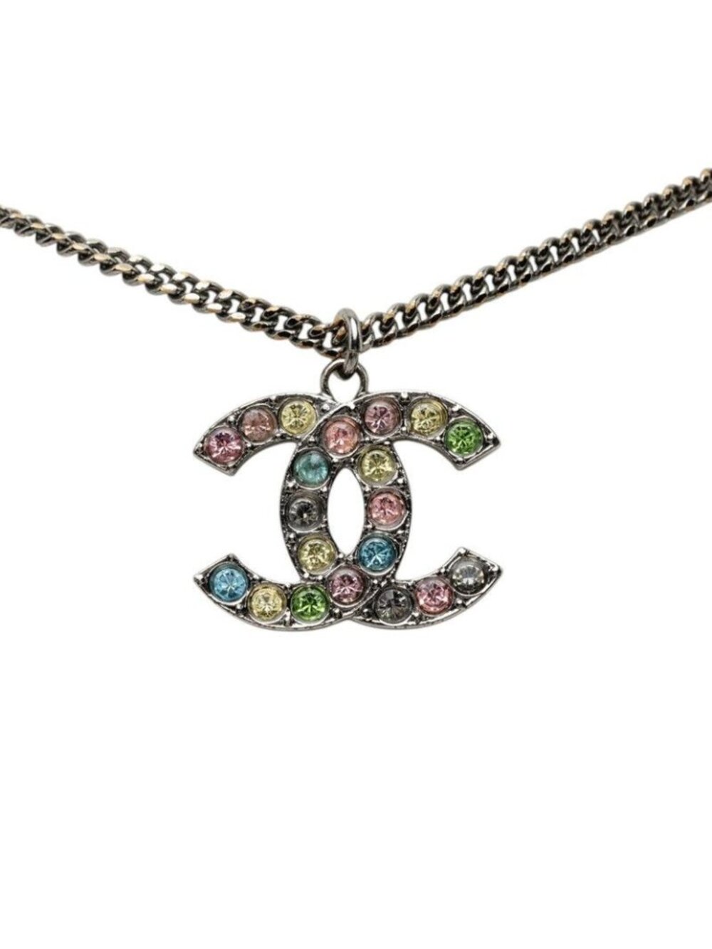 Chanel CC Logo Necklace Silver Metal Rhinestone